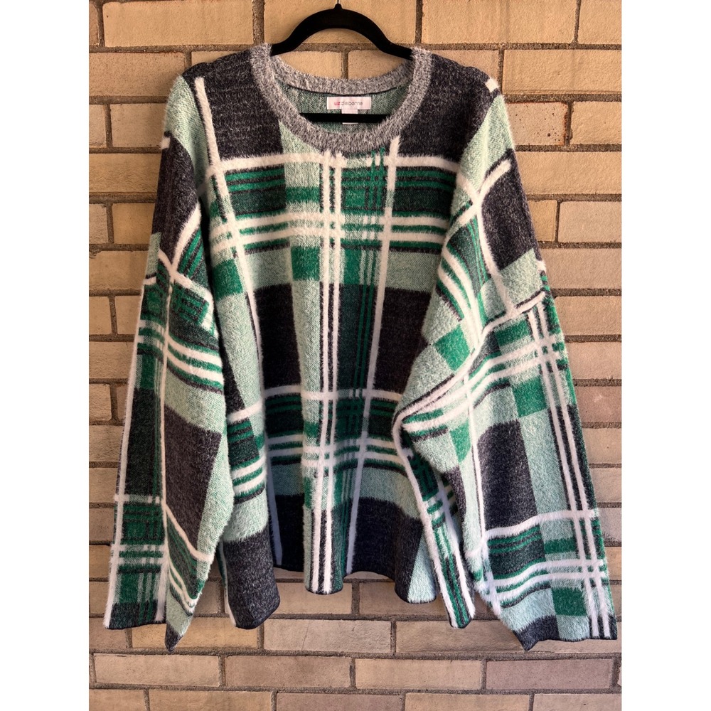 Liz Claiborne Green Navy Plaid Fuzzy Eyelash Knit Sweater Plus Size 4X